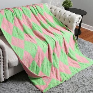 Green Pink Diamond Argyle Patterned Two Tone Blanket Design Reversible Throw